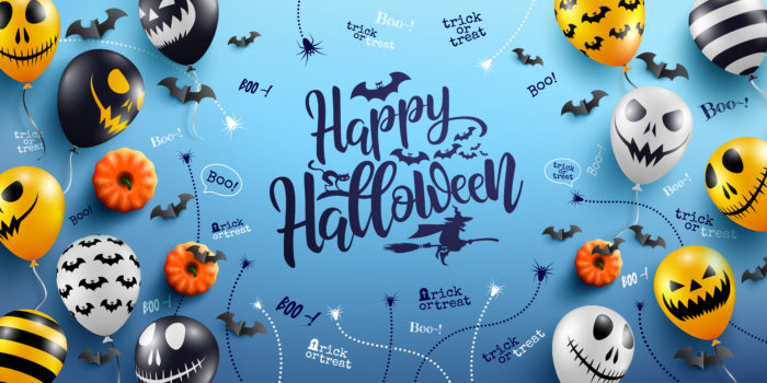 Happy,Halloween,Lettering,And,Blue,Background,With,Halloween,Ghost,Balloons.scary